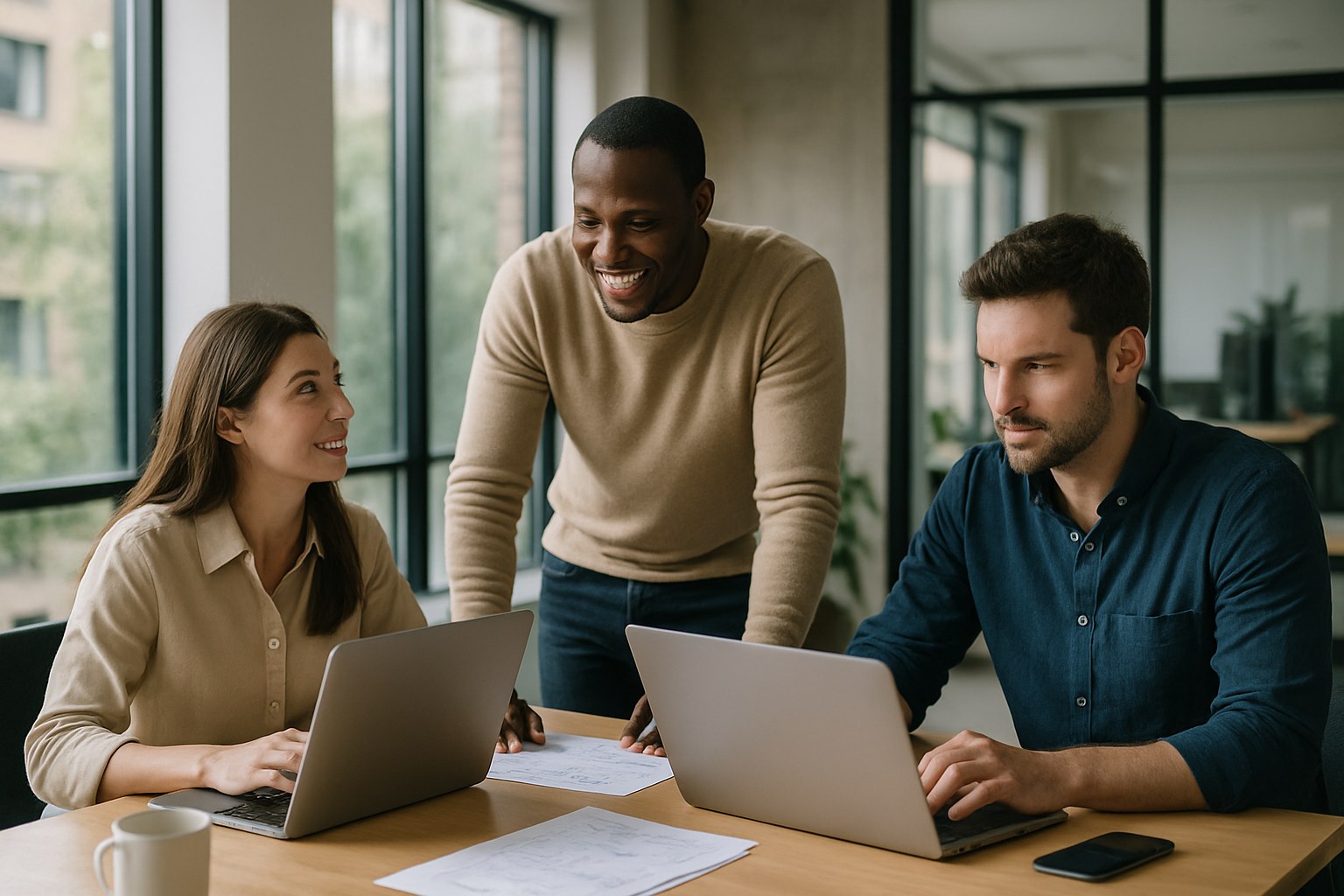 Development team working through a project plan on screen
