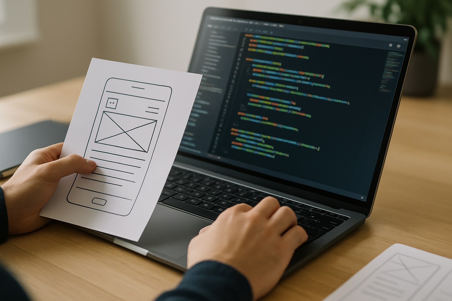 Founder reviewing an early product build alongside a funding timetable on a laptop